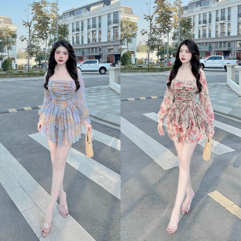 Váy hoa tay dài cúp ngực voan tơ sang chảnh ( có lót quần )
