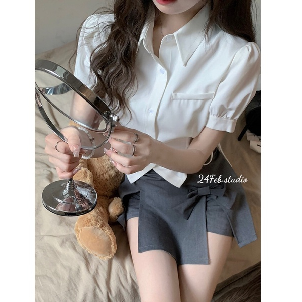 [SET05] [Sẵn hàng] Set áo sơ mi croptop rút eo kèm chân váy phối nơ phong cách Loli Hàn Quốc | BigBuy360 - bigbuy360.vn