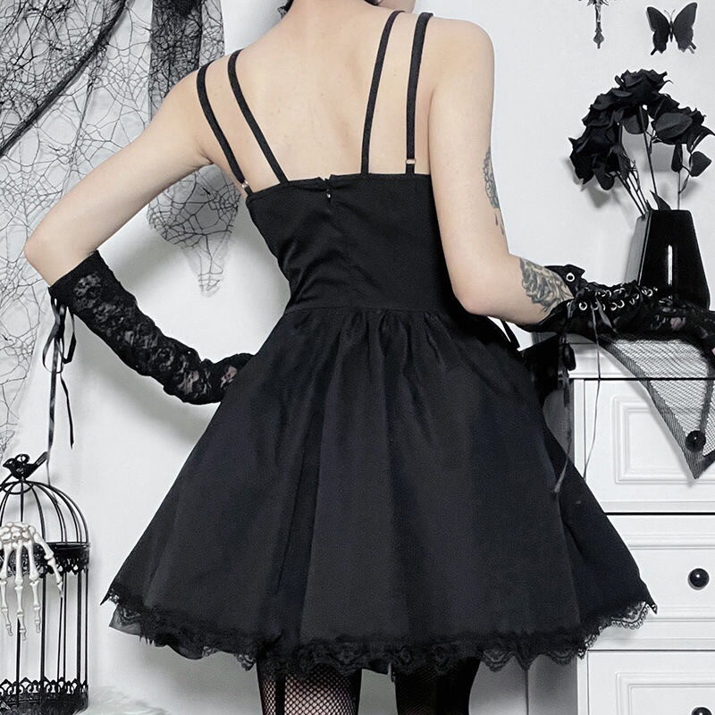 Váy hai dây dáng đầm ngắn xoè thêu hoa hồng thắt giả corset phong cách Gothic Dark FOOTMADE
