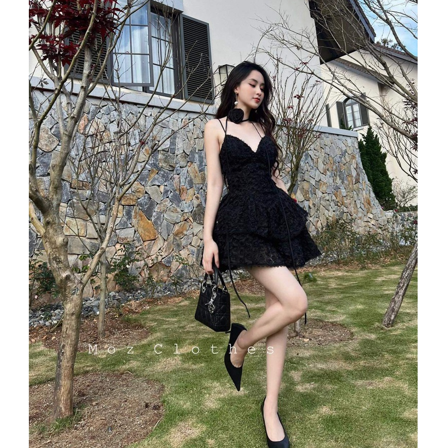 Đầm Váy Nữ Dáng Xoè 2 Tầng - Váy Hai Dây Ren Hoa Hồng Kèm Chocker
