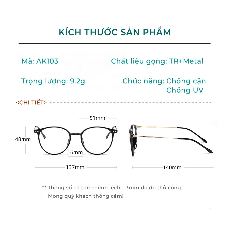 Kính Chống Bụi, Chống Ánh Sáng Xanh AORON Mắt Mèo Cá Tính Thời Trang Gọng Kim Loại Đàn Hồi Phù Hợp Mọi Khuôn Mặt AK103