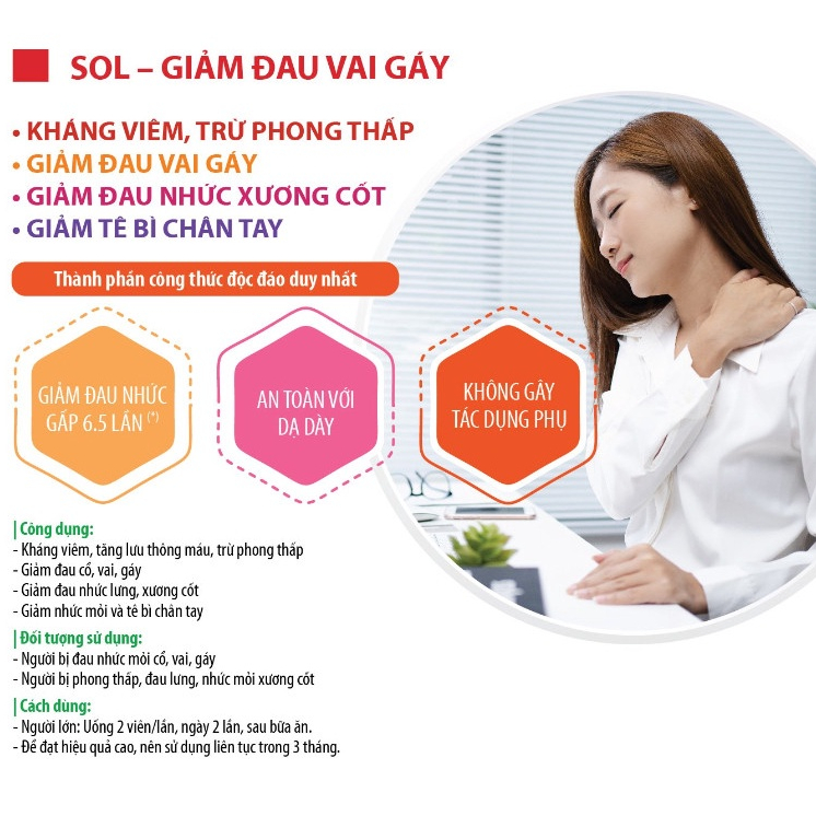 Viên Vai Gáy SOL - Nhập Khẩu Mỹ - GIẢM ĐAU CỨNG VAI CỔ GÁY -  GIẢM TÊ BÌ CHÂN TAY
