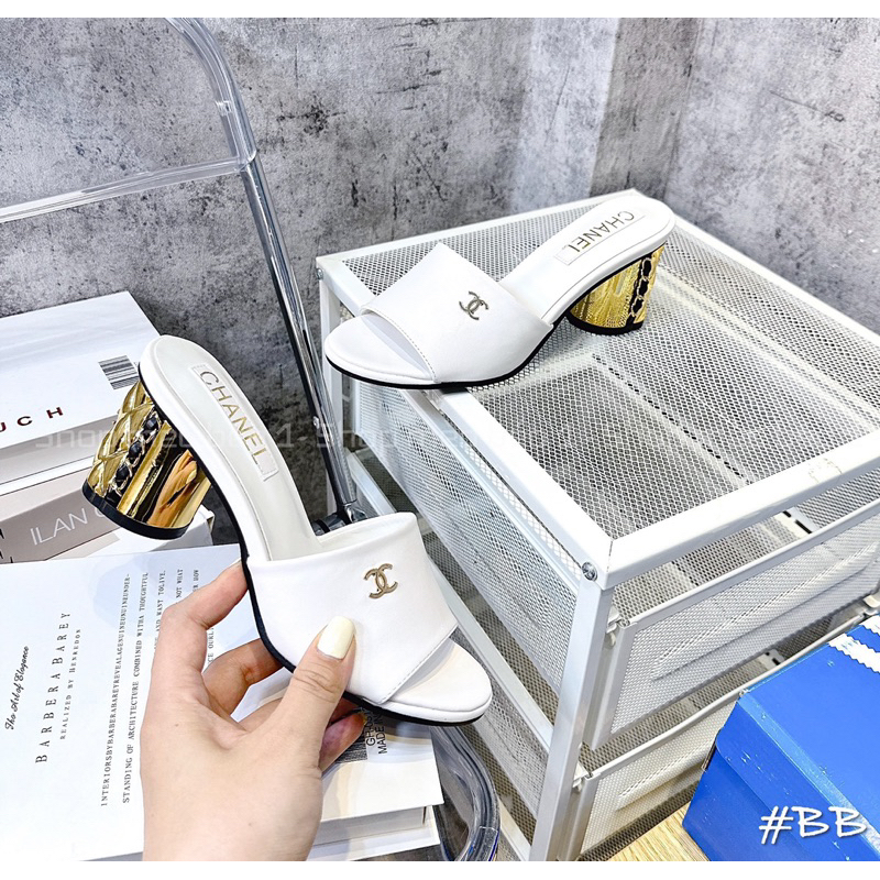Guốc cn quai ngang gót trụ đồng viền xích fullbox