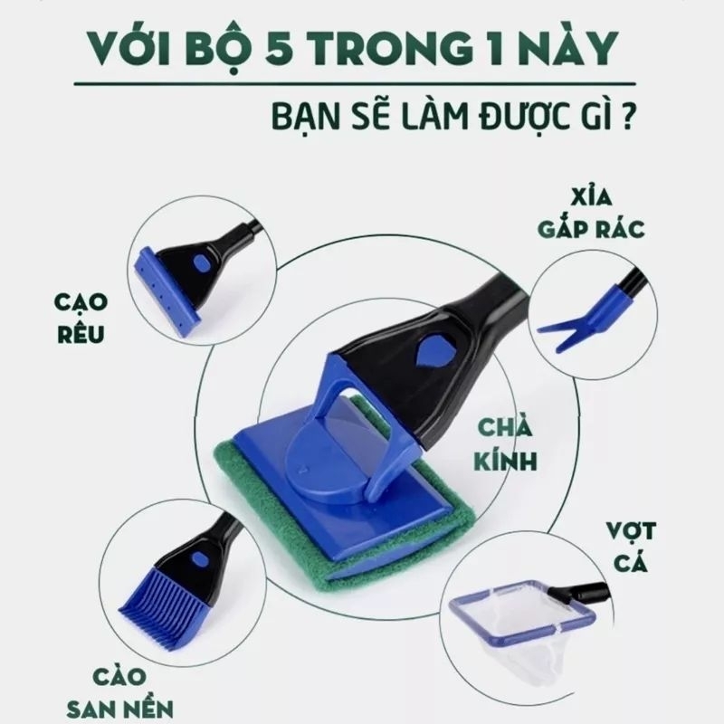 Bộ dụng cụ vệ sinh bể cá dọn rêu, cọ rửa, vợt cá, cào nền, cắt tỉa 5 chức năng trong 1