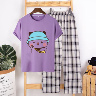 Sét Bộ Quần Áo Ulzzang Girl Style Nữ Ngắn Tay Mặc Đi Chơi, Áo Da Cotton In 3D Gấu Tham Ăn Mix Quần Ống Rộng Kẻ