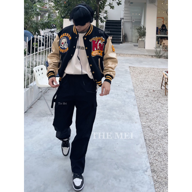 HÀNG CÓ SẴN  - Áo khoác bomber jacket nam nữ - FORM CROP - Thân dạ, tay da - áo khoác varsity - trung chuẩn - The Mei