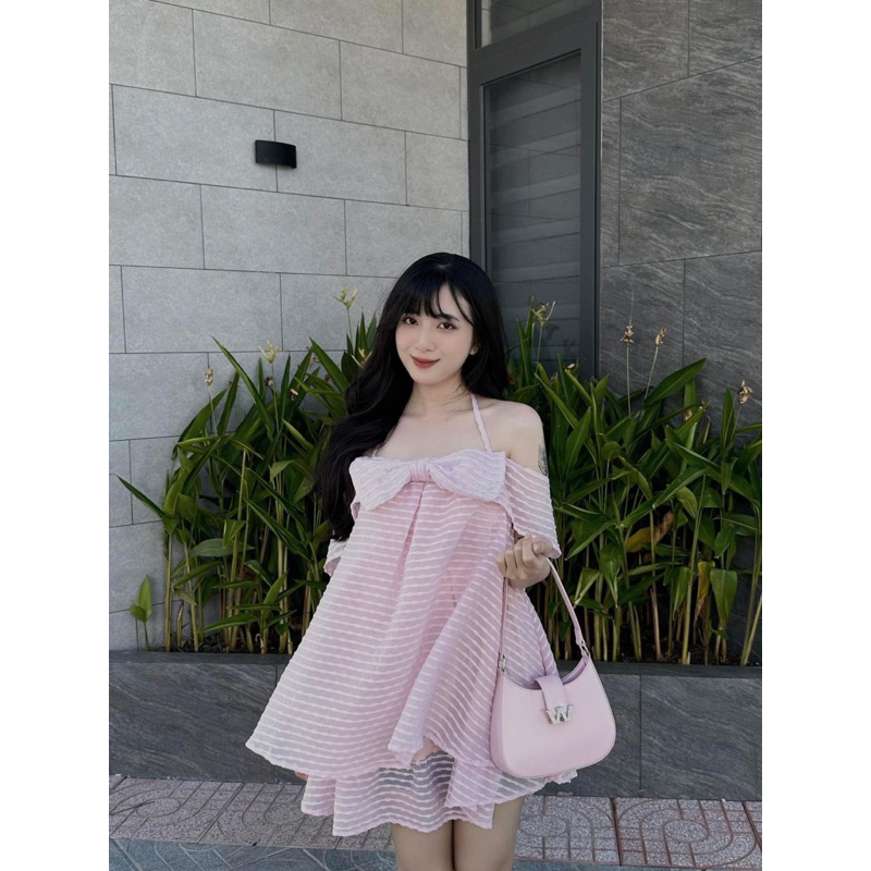 Đầm BabyDoll Xôp Hồng Cổ Yếm Phối Nơ Ngực - Ảnh Thật - Hàng Có Sẵn