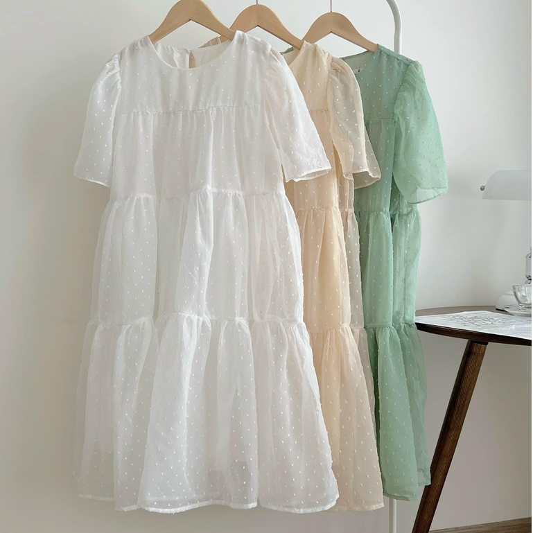 Đầm/Váy babydoll dáng dài chất voan chấm bi có lót - Momiji Store