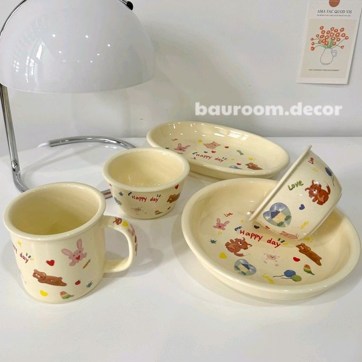 Ly chén dĩa sứ cao cấp happyday (hàng có sẵn/Shop tự chụp)