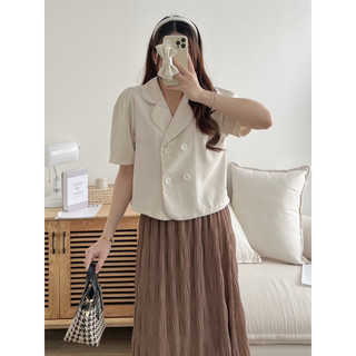Áo blazer/ vest cổ sen tay bồng dáng ngắn Hàn Quốc basic