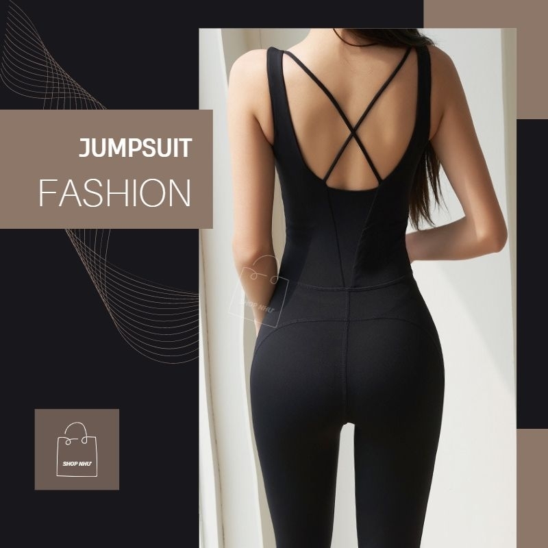 Bộ Jumpsuit nữ J04 ĐEN HUYỀN BÍ hở lưng vải cao cấp siêu mềm mịn co giãn 4 chiều tập thể thao Gym Yoga