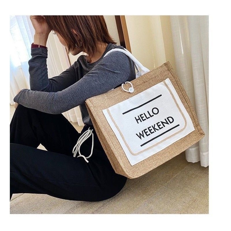 Túi Cói Hello Kích  Thước 35x29 Có 2 Ngăn, Màu Sắc Trắng Và Đen