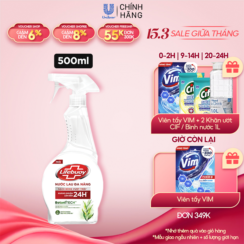 Nước Lau Đa Năng Lifebuoy BotaniTECH Hương Tràm Trà & Khuynh Diệp Chai Xịt 500ml
