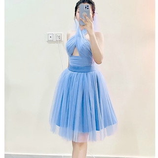 Đầm chéo cổ khoét ngực có mút thời trang nữ sang chảnh dự tiệc chất lưới kèm lót chân váy xoè xếp tầng tôn dáng