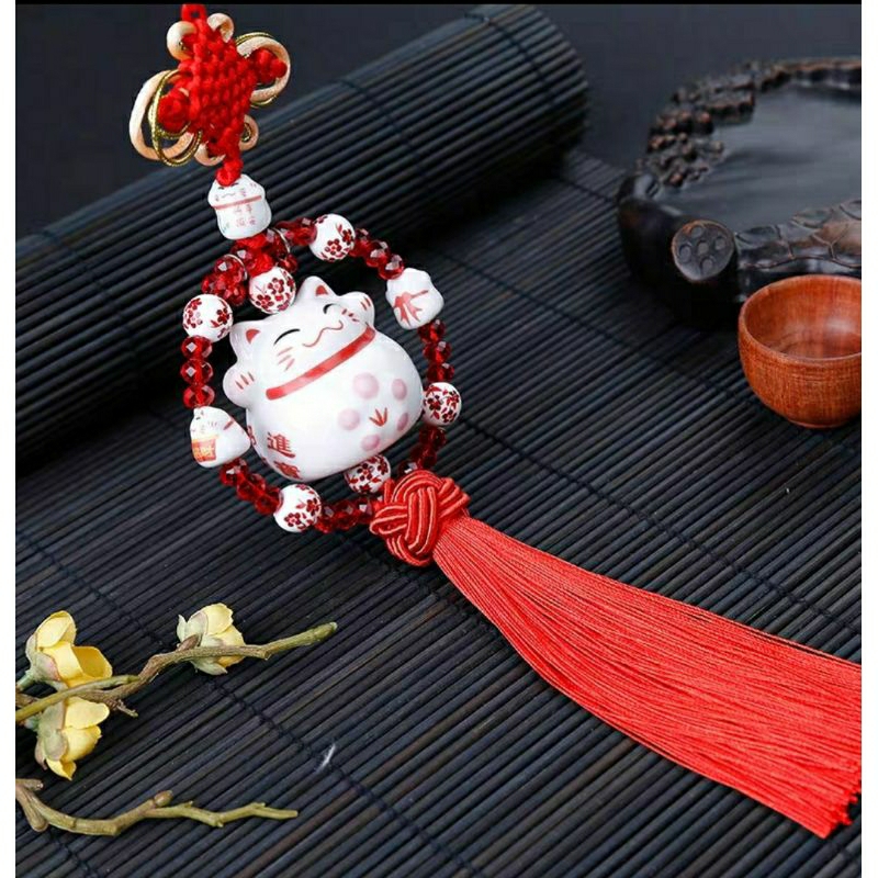 Khánh Mèo thần tài treo gương chiếu hậu xe ô tô may mắn