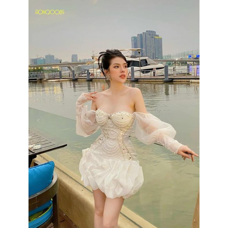 Đầm thiết kế cúp phối tay phồng dáng váy gợn sóng xoắn đính dây đá cực quyến rũ - mochouse83