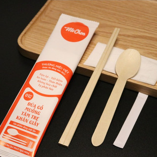 SET [THÌA GỖ+ĐŨA GỖ+TĂM TRE+GIẤY ĂN] BỌC GIẤY- NHÃN HIỆU MeChon