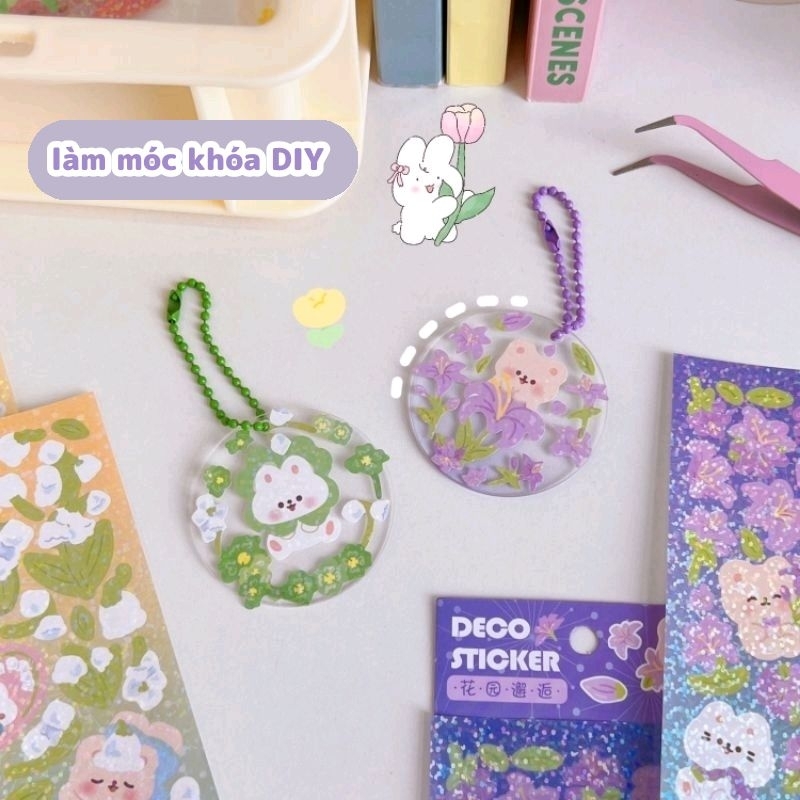 Set 2 tấm hình dán sticker chủ đề gấu thỏ mèo và hoa siêu bling lấp lánh