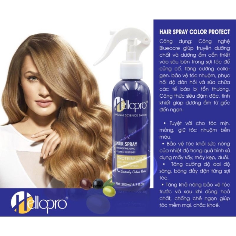 Xịt dưỡng tóc hellopro 200ml tuyệt vời cho tóc mịn mỏng,giữ tóc nhuộm bền màu bảo vệ khỏi sức nóng c