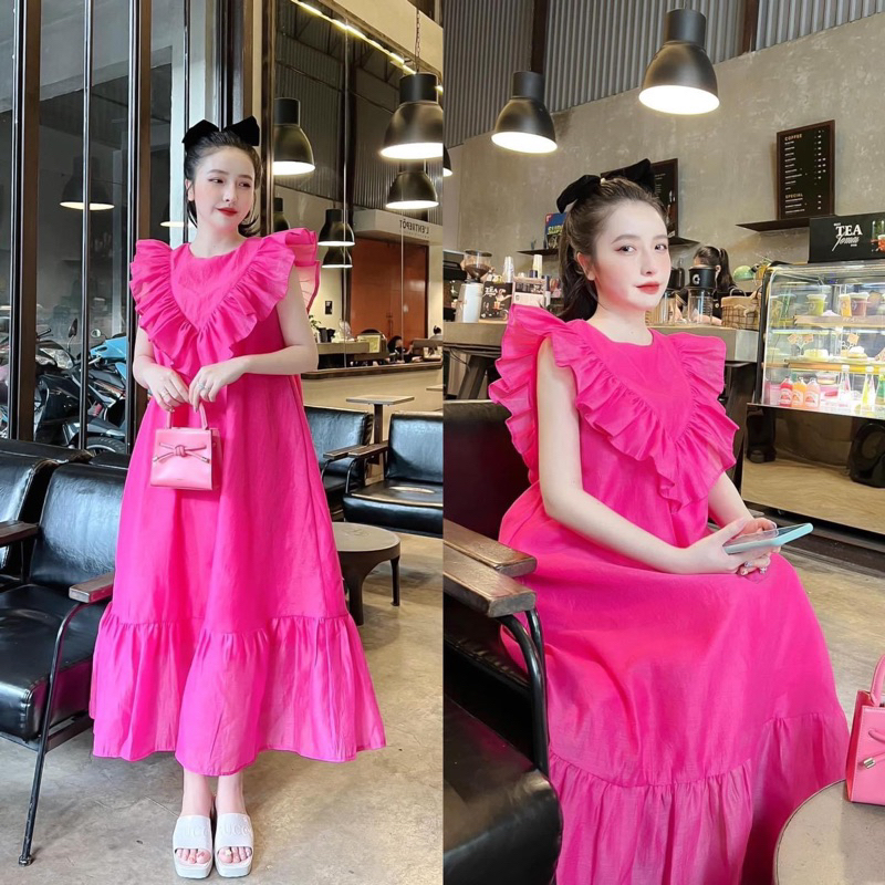 Đầm đi biển dáng dài đuôi cá chất đũi tơ màu hồng- Váy tiểu thư viền bèo form rộng xinh xắn dạo phố