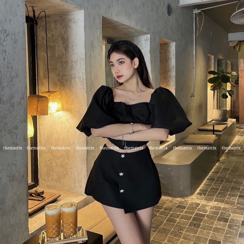 Set trễ vai tay phồng 3 cúc cv gava