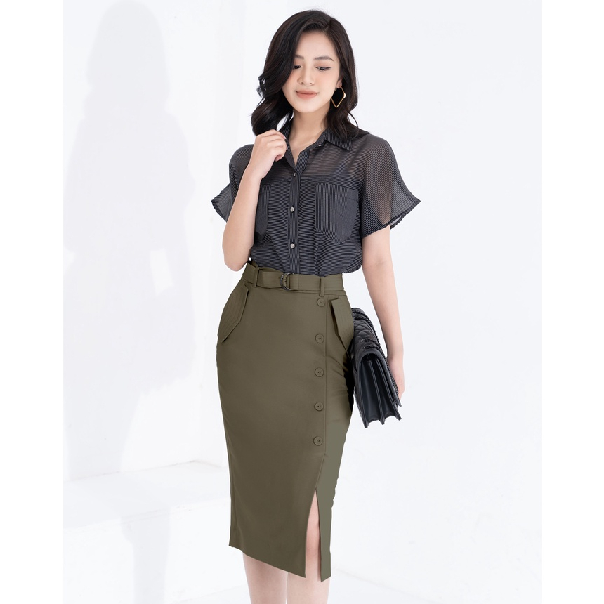 Chân váy dáng dài ôm xẻ trước công sở HeraDG thiết kế đai eo rời cúc bọc trang trí dọc thân túi ốp 2 bên SJPBB2042