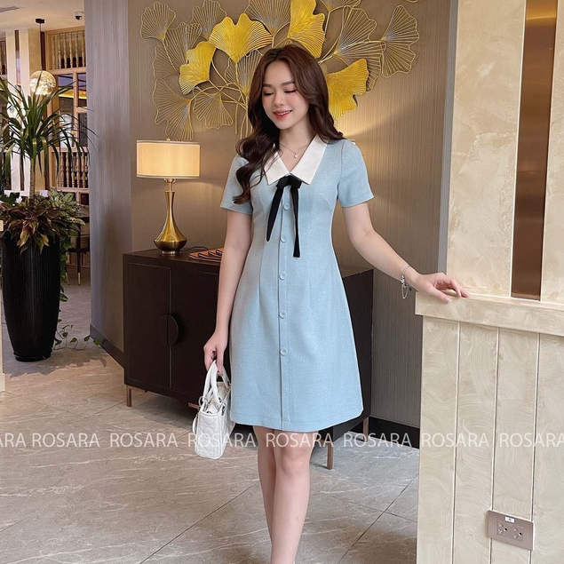 Váy Đầm Xanh Ngắn Tay Phối Nơ Dáng Xòe Thời Trang Nữ Rosara VA35