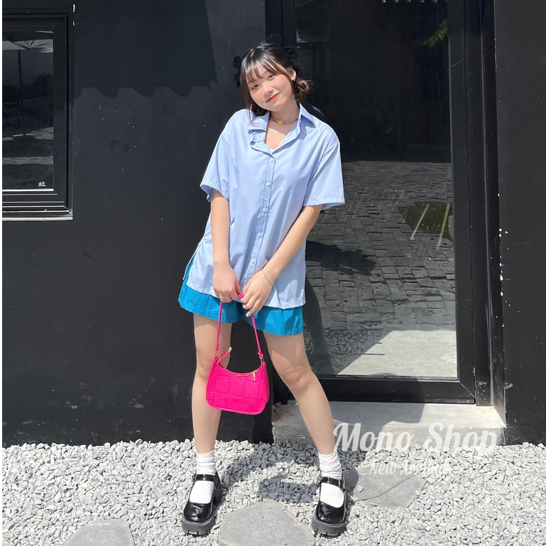 Set sơ mi nút bên quần short lưng chun Ảnh thật/Sẵn