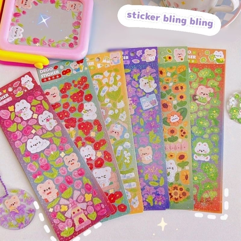 Set 2 tấm hình dán sticker chủ đề gấu thỏ mèo và hoa siêu bling lấp lánh