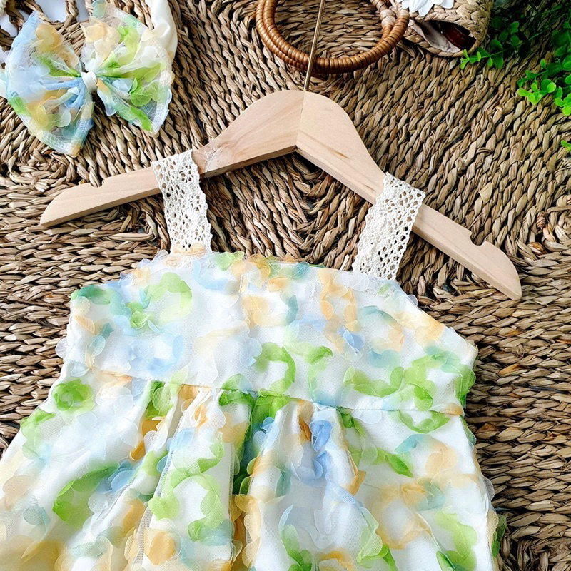 Body Hoa Nổi Màu Xanh Phối Ren NHÍM XÙ KIDS Cho Bé Gái Sơ Sinh, Đầy Tháng, Thôi Nôi B056