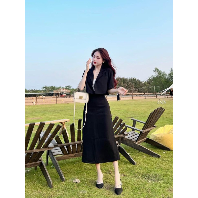 Set 3CT áo vest mix chân váy midi kèm áo quây