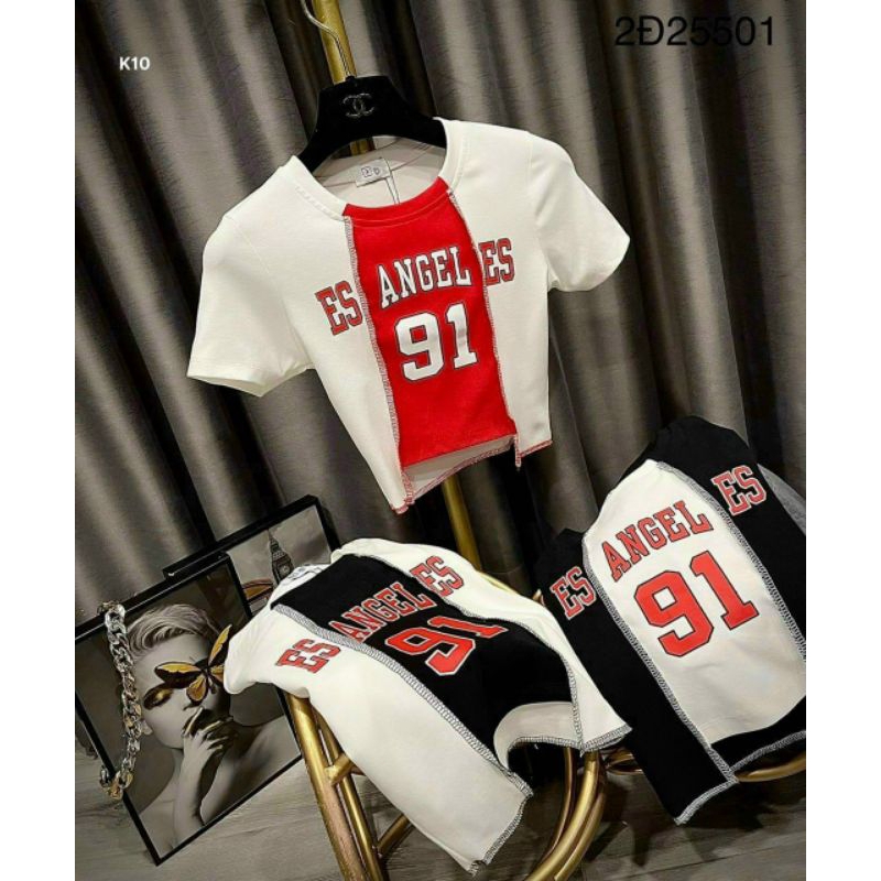Áo thun tay ngắn croptop in ENGEL số 91 phong cách thể thao