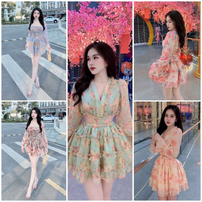 Váy hoa tay dài cúp ngực voan tơ sang chảnh ( có lót quần )