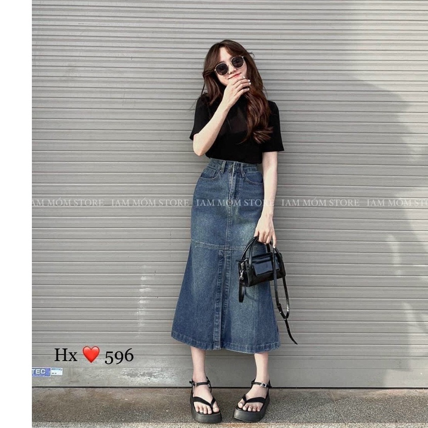 Chân váy bò đuôi cá sẻ tà - chân váy jean đuôi cá dáng dài xẻ tà siêu hot