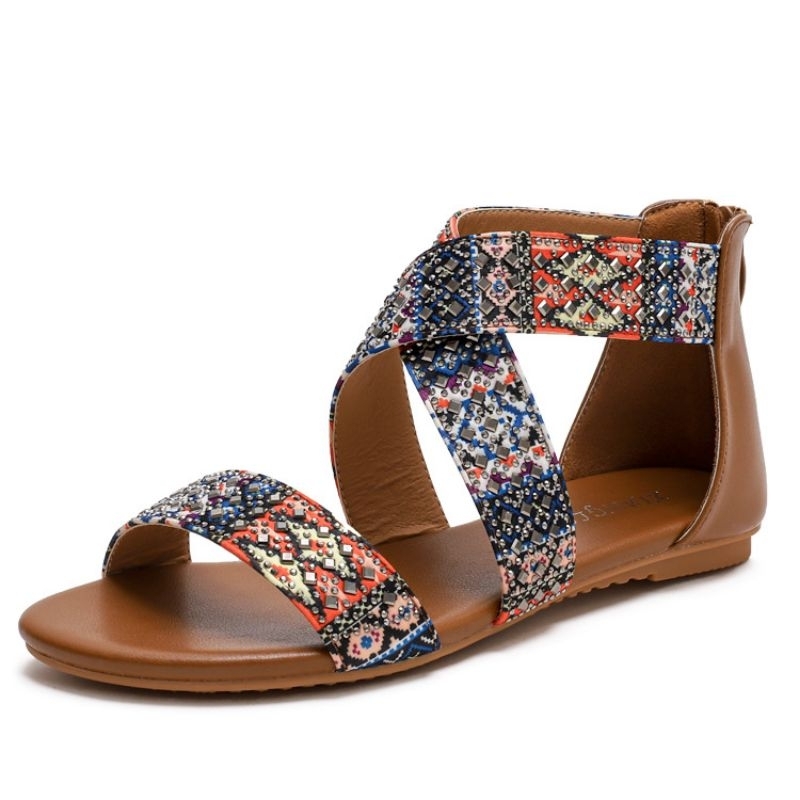 (có ảnh thật)dép sandal đế bằng đi biển, da cao cấp đi nhẹ, êm chân, hoạ tiết thổ cẩm