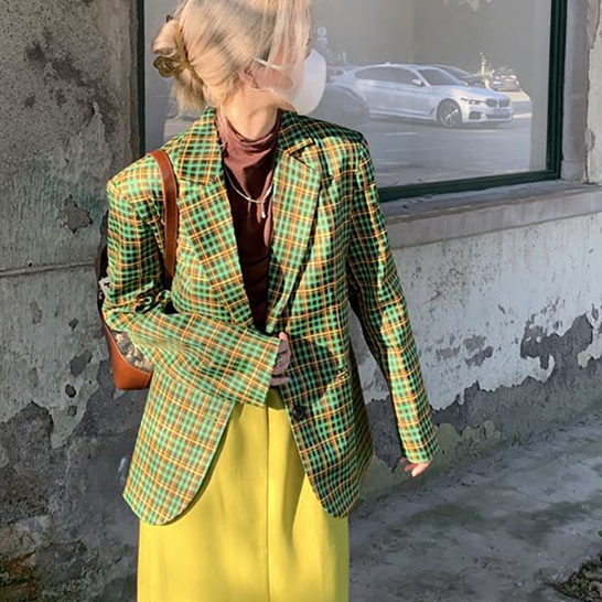 Ảnh thật 5 hình cuối-HC342.Áo blazer kẻ caro Hàn Quốc chanh xả