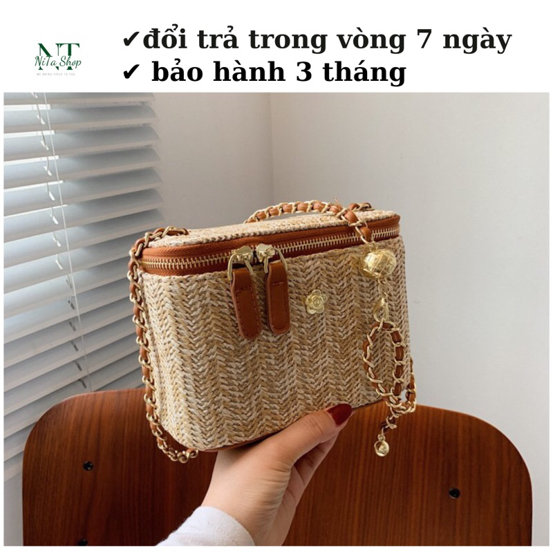 Túi cói đi biển dạng hộp đeo chéo from cứng cáp
