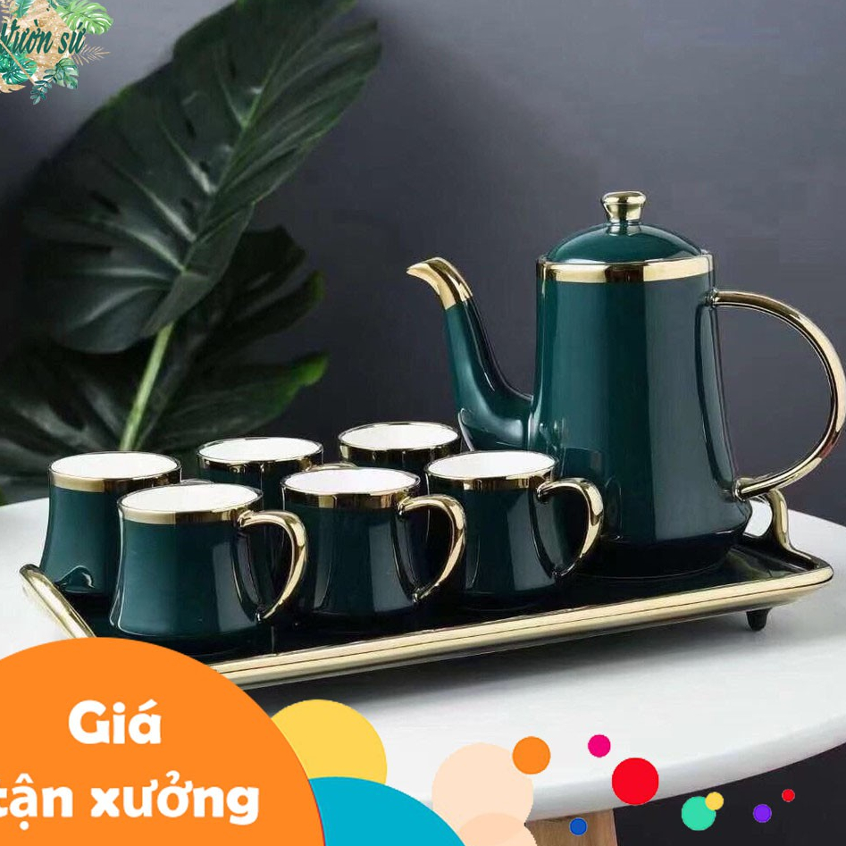 Bộ ấm trà kèm khay, bộ bình nước sứ xanh mạ vàng cổ vịt cao cấp - VS02
