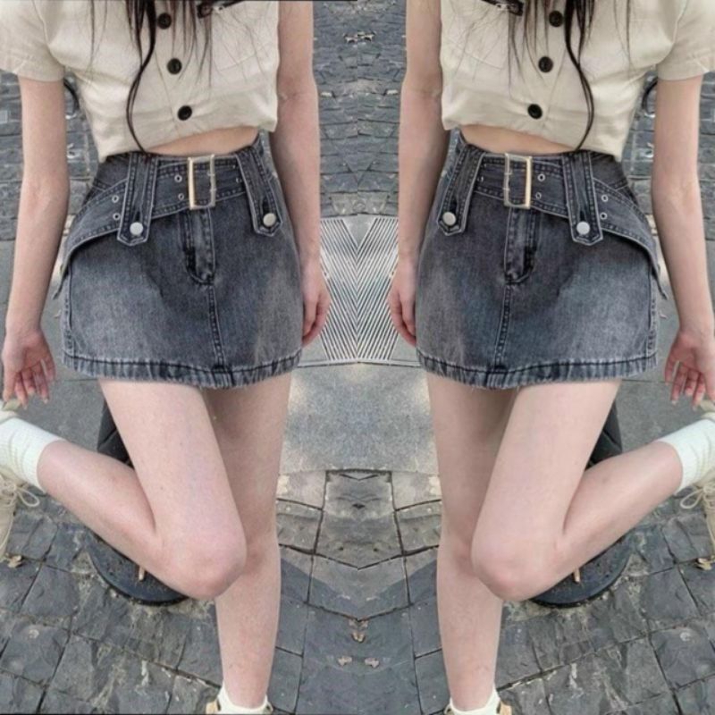 Quần Giả Váy denim Lưng Cao vải bò có đai Dáng Ôm -Thời Trang Hàn Quốc Quyến Rũ Cho Nữ