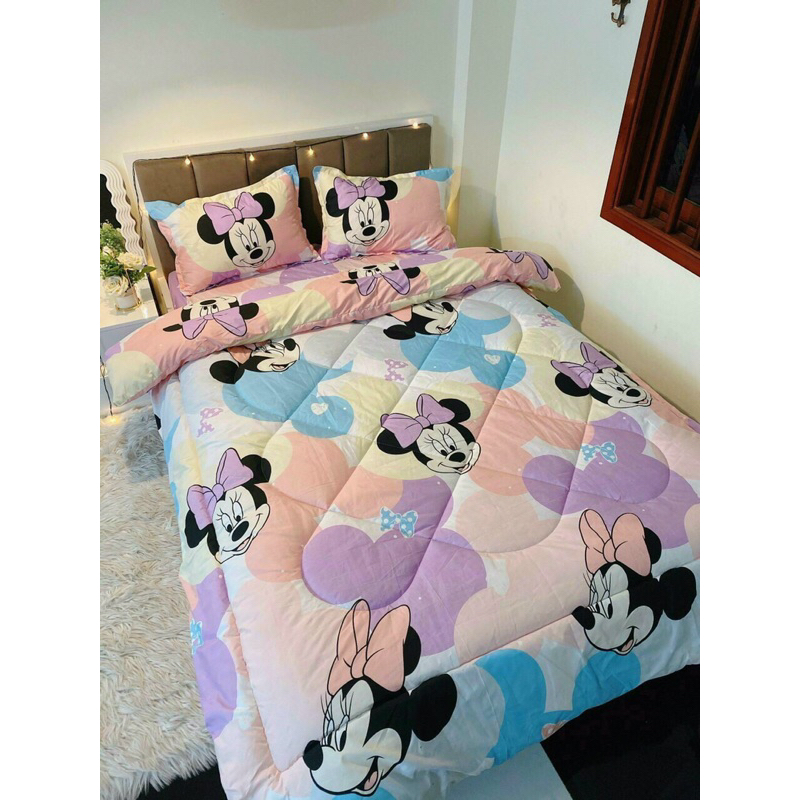 Bộ chăn ga 5 món mickey hồng( đệm trên 10cm lấy len 1 size)