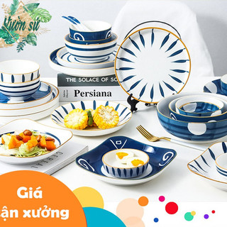[XẢ KHO] Bát con, đĩa chấm, thìa sứ họa tiết hoa văn đường kẻ phong cách Nhật Bản - VS70