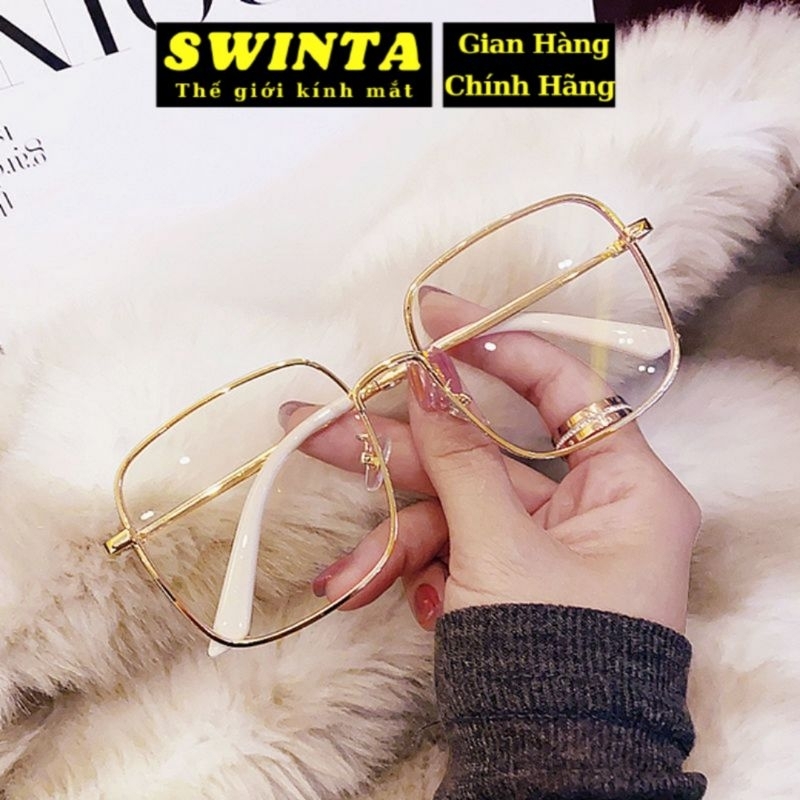 Gọng kính mắt vuông kim loại thời trang nữ cao cấp SWINTA V898 tròng giả cận trong suốt chặn ánh sáng xanh