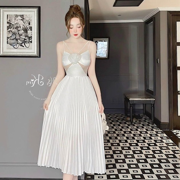 ( Miễn phí ship đơn 50k-Gian hàng chính hãng ) Váy đầm dự tiệc maxi trễ vai nơ ngực chất cotton lạnh cổ dây có mút