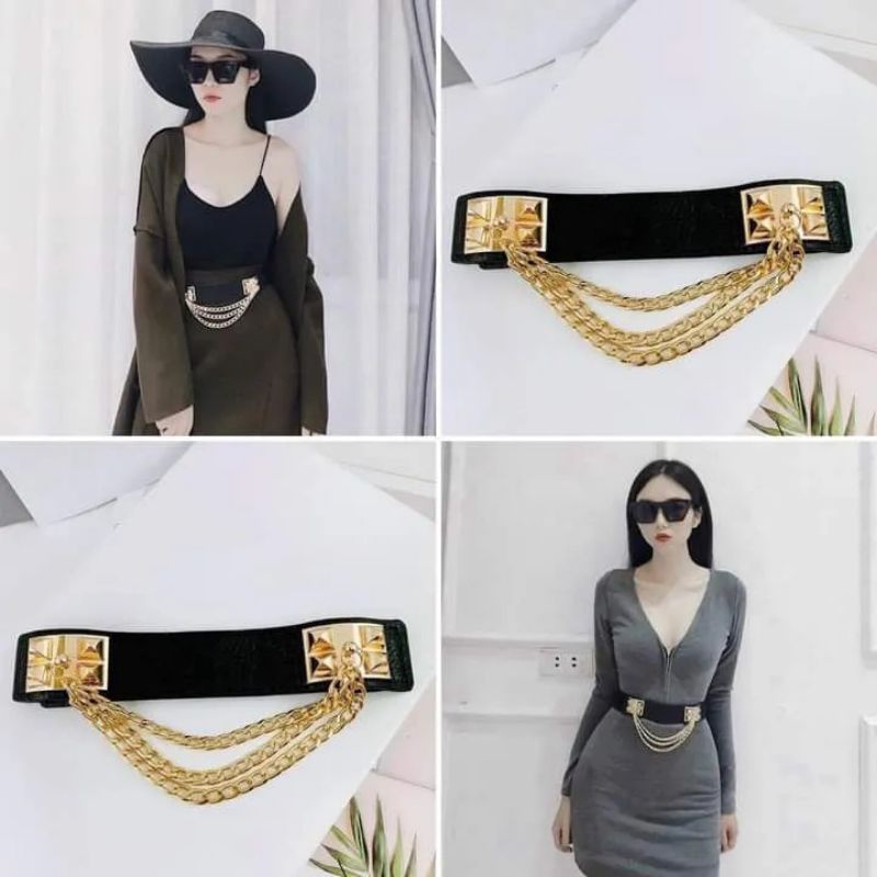 💥 Dây nịt thun nữ ( Đai váy ) xích 🔆 Bản 4cm 🔆 Lưng thun cài nút phía sau