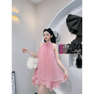 Hình Chụp Thật (Sau) - Đầm Yếm Dập Xếp Ly (Hàng 2 lớp) Chất Đẹp Form Tiểu Thư Sang Chảnh