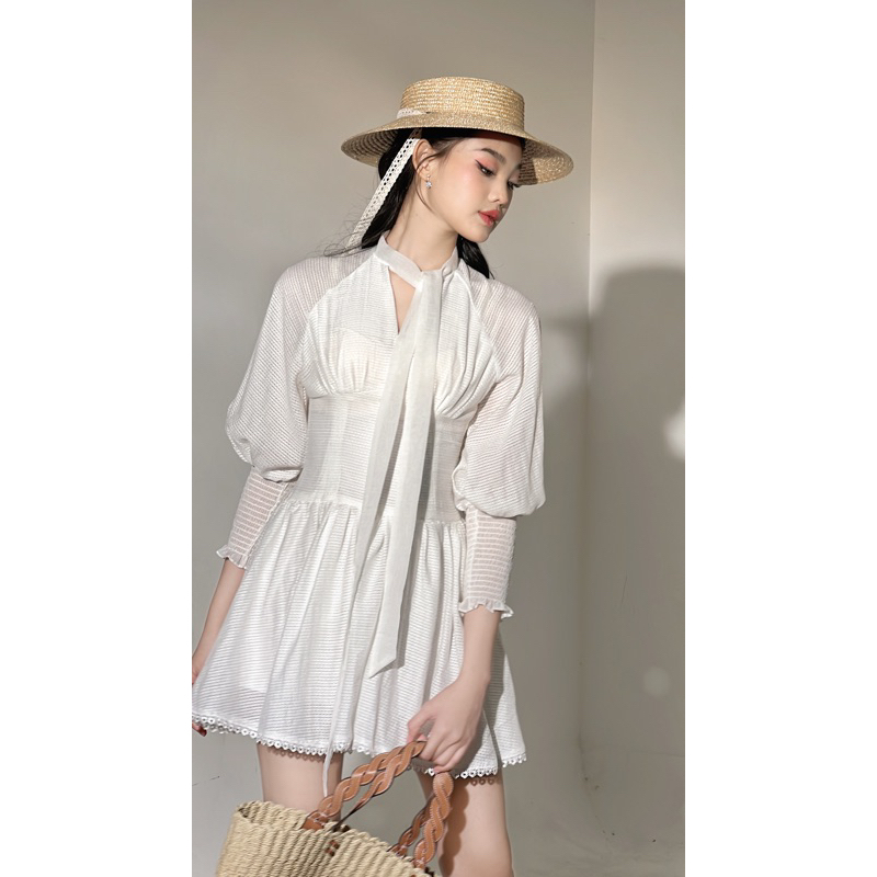 Đầm tay dài chạy bo chun phối dây thắt nơ AGUJA Audrey dresss