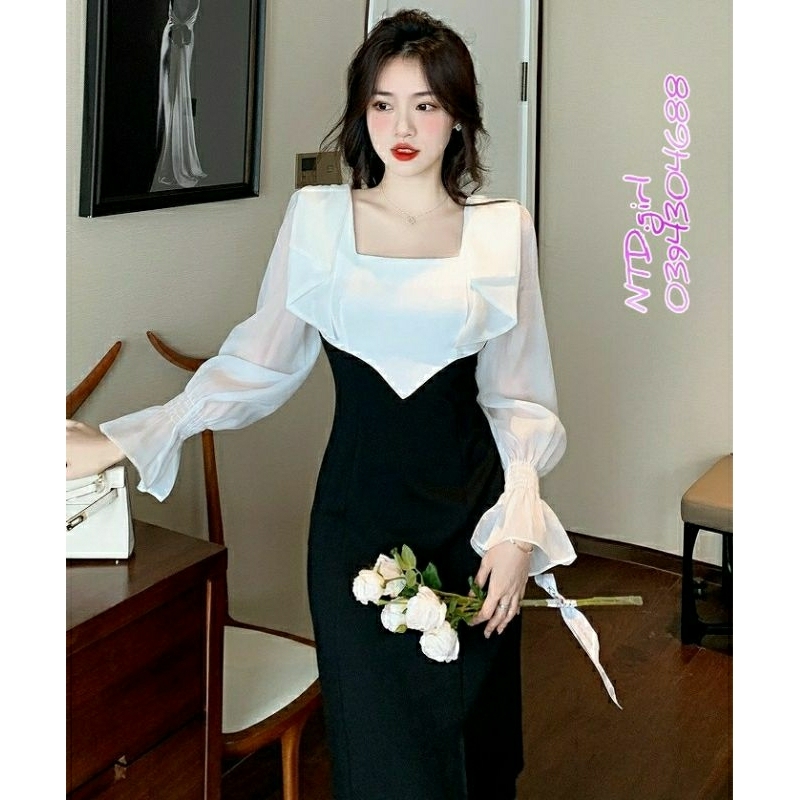 Hàng nhập - Đầm dáng ôm xẻ tà 1 bên phối màu trắng đen, váy body dự tiệc thun phối voan bèo tiểu thư