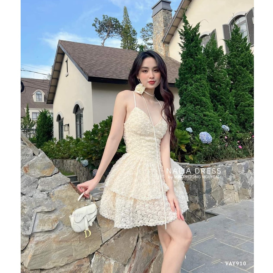 Đầm dự tiệc dây ren hoa xoè tầng kèm dây hoa - hàng thiết kế