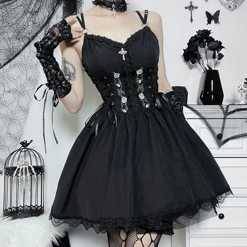 Váy hai dây dáng đầm ngắn xoè thêu hoa hồng thắt giả corset phong cách Gothic Dark FOOTMADE