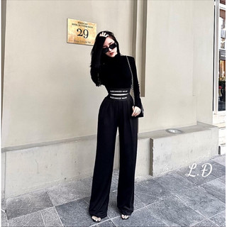 Set áo croptop tay dài + quần suông tôn dáng